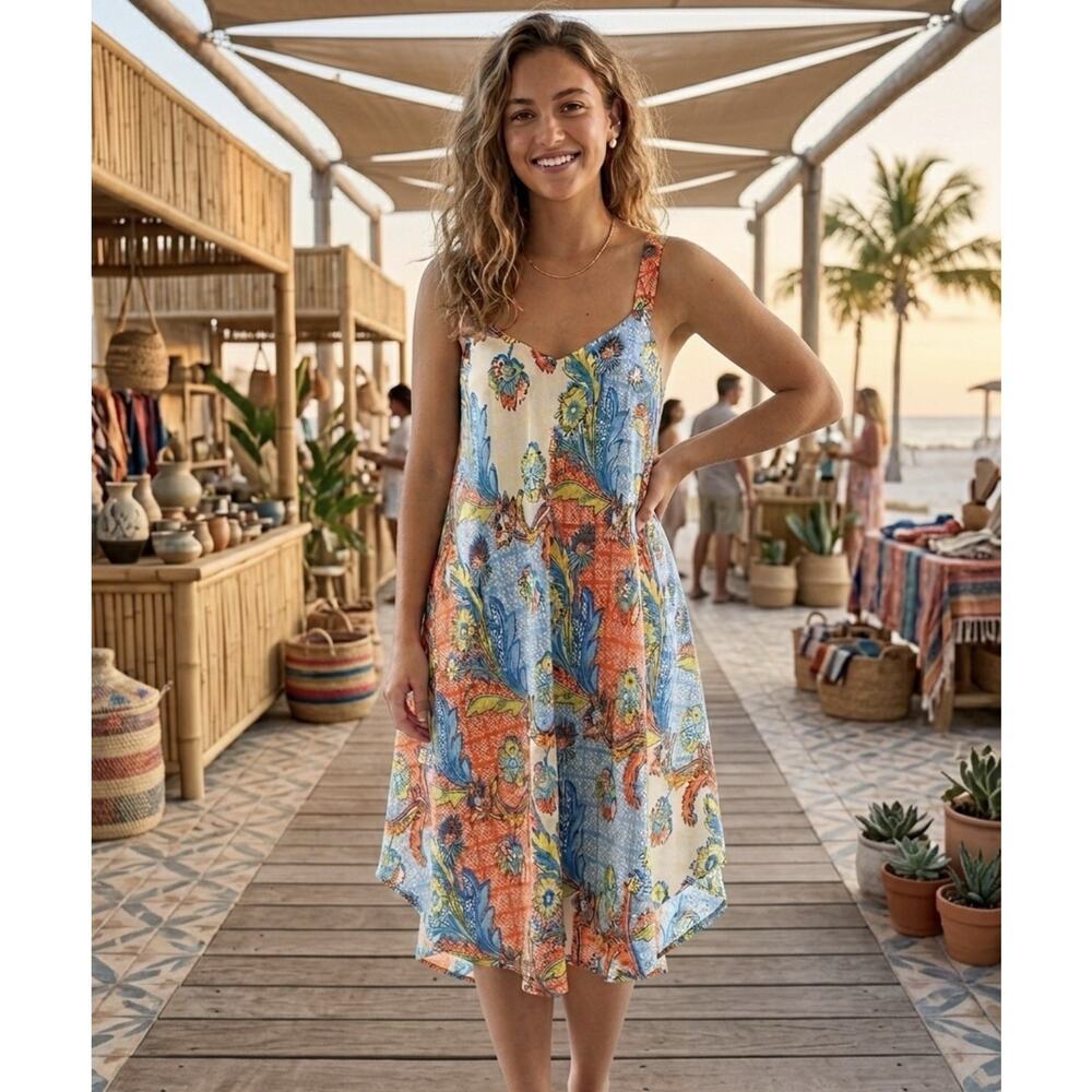 Boho Floral Paisley Midi Dress Women NWT Sleeveless Summer Resort One Size